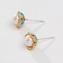 Exquisite Enamel Flower Ear Studs adorned with New Freshwater Pearls