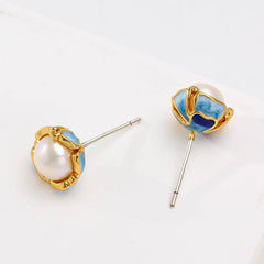 Exquisite Enamel Flower Ear Studs adorned with New Freshwater Pearls