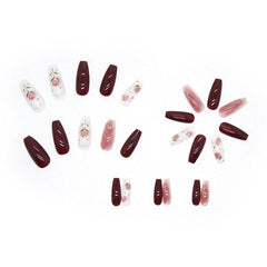 Elegant Burgundy Floral Press-On Nails Set