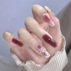 Elegant Burgundy Floral Press-On Nails Set