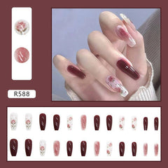 Elegant Burgundy Floral Press-On Nails Set