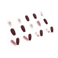 Elegant Burgundy Floral Press-On Nails Set