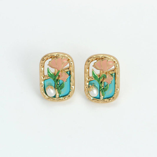 Forest Style Oil Painting Frame Flower Earrings