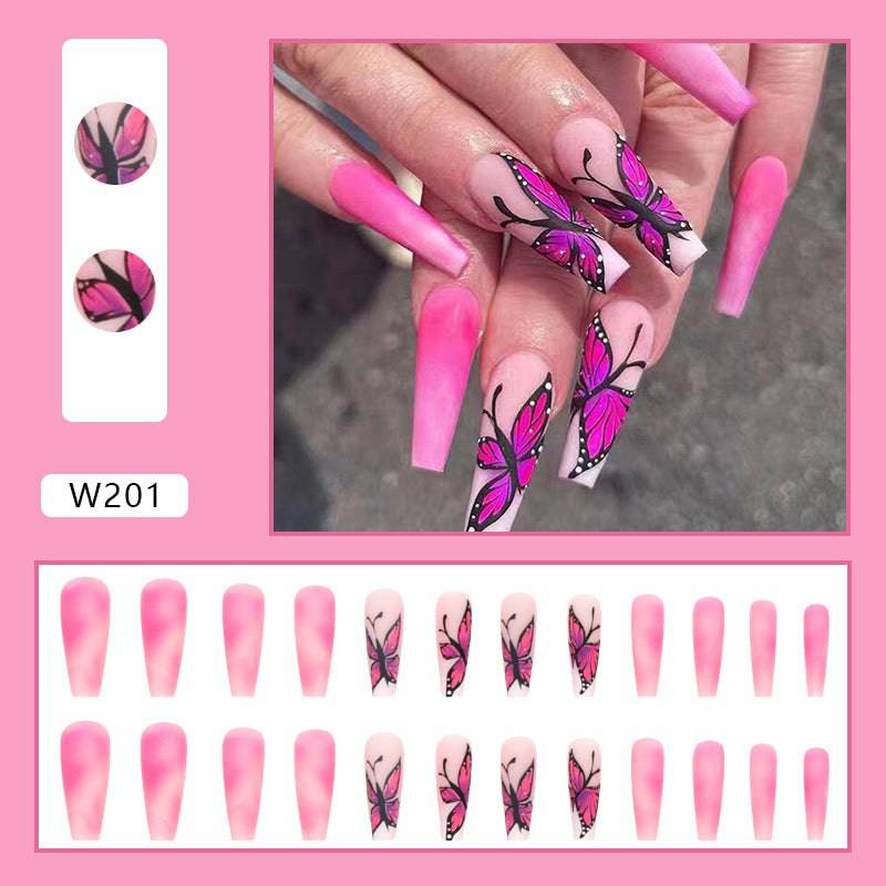 Luxurious Pink Butterfly Wing Design Long Stiletto Press-on Nails Wearing