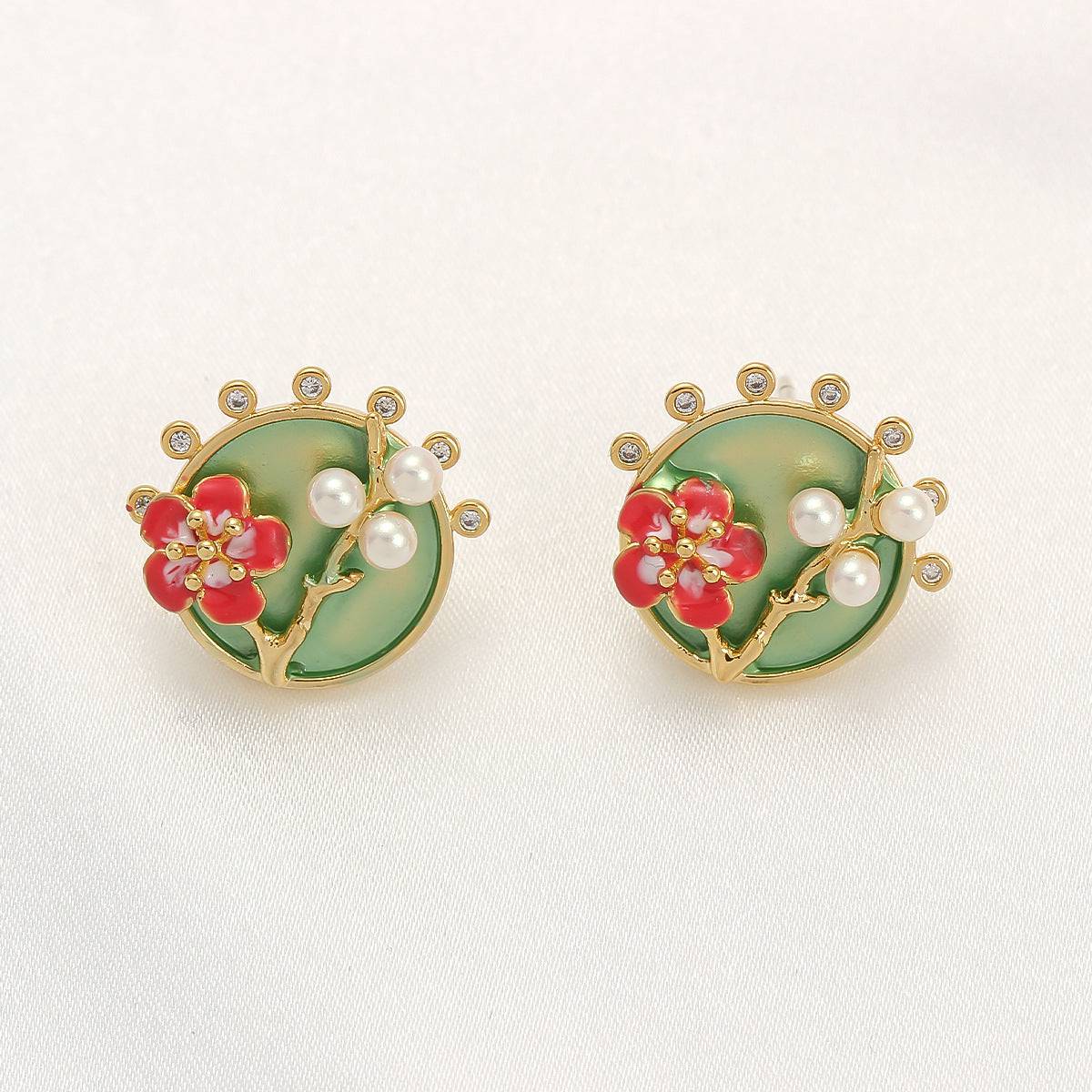 Oil Painting Flower Pearl Earrings