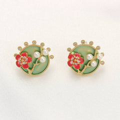 Oil Painting Flower Pearl Earrings