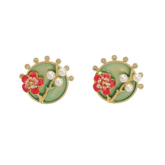 Oil Painting Flower Pearl Earrings