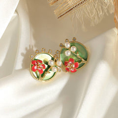 Oil Painting Flower Pearl Earrings