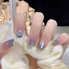 Short and thin new nail tips blue gradient smudged shiny fragments nail tips