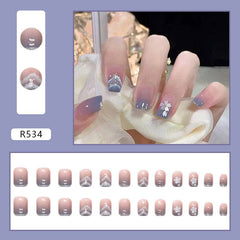 Short and thin new nail tips blue gradient smudged shiny fragments nail tips