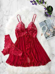 Romantic Lace Ruffle Lingerie Set - Deep V Slip Dress with Matching Thong