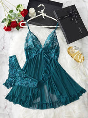 Romantic Lace Ruffle Lingerie Set - Deep V Slip Dress with Matching Thong