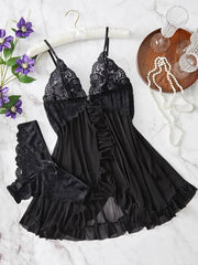 Romantic Lace Ruffle Lingerie Set - Deep V Slip Dress with Matching Thong