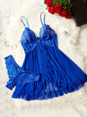 Romantic Lace Ruffle Lingerie Set - Deep V Slip Dress with Matching Thong