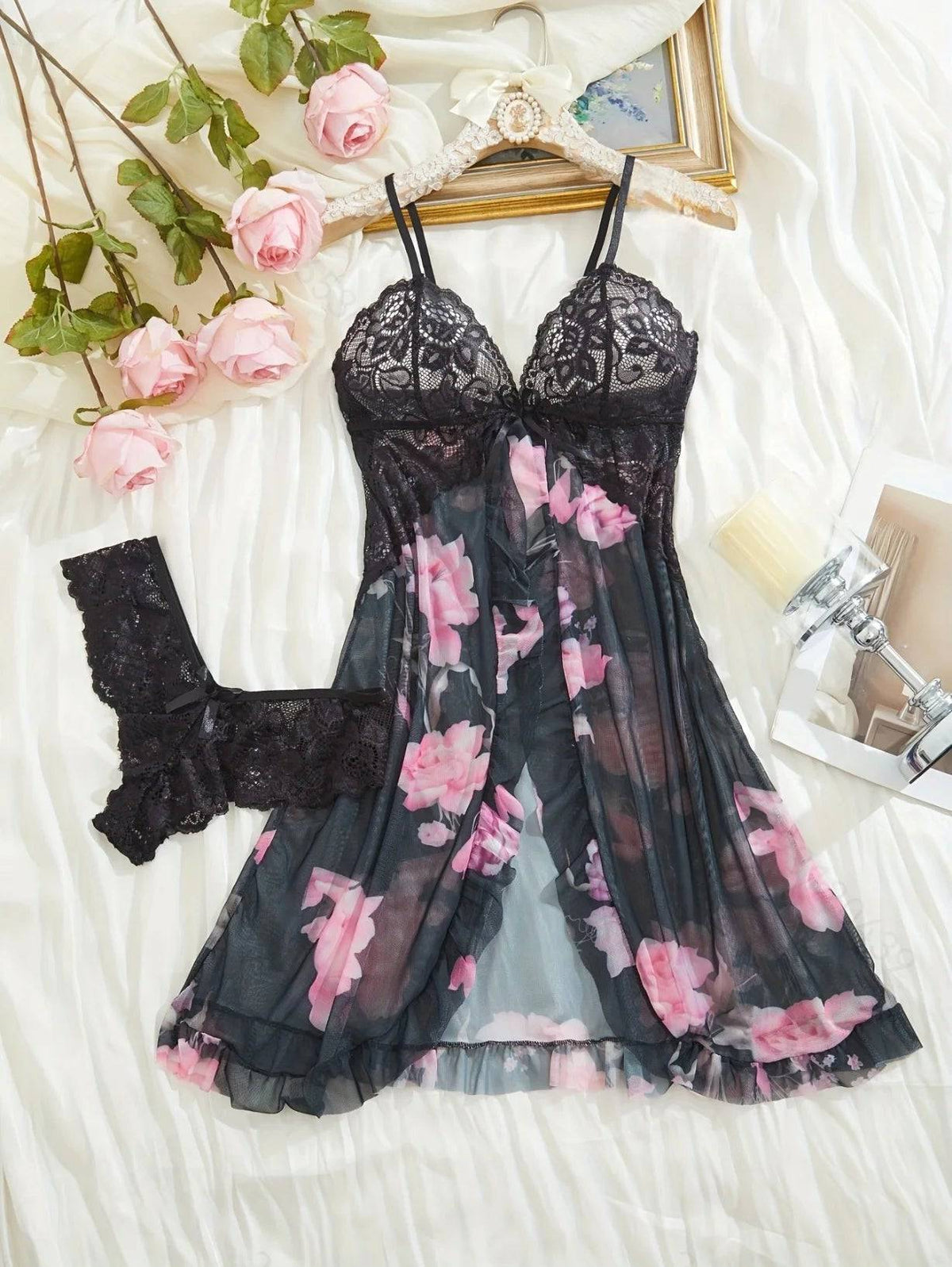 Romantic Lace Ruffle Lingerie Set - Deep V Slip Dress with Matching Thong