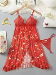 Romantic Lace Ruffle Lingerie Set - Deep V Slip Dress with Matching Thong