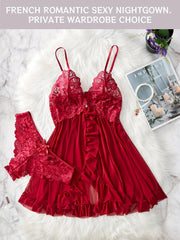 Romantic Lace Ruffle Lingerie Set - Deep V Slip Dress with Matching Thong