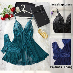 Romantic Lace Ruffle Lingerie Set - Deep V Slip Dress with Matching Thong