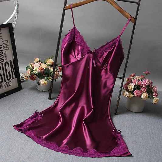 Luxury Silk Satin Nightdress with Lace Patchwork - Sexy Camisole Sleepwear for Women