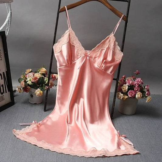 Luxury Silk Satin Nightdress with Lace Patchwork - Sexy Camisole Sleepwear for Women