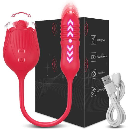 Rose Vibrator with Tongue Licking and Telescopic Dildo