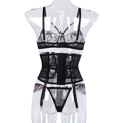 Heart Embroidery Mesh Lingerie Set