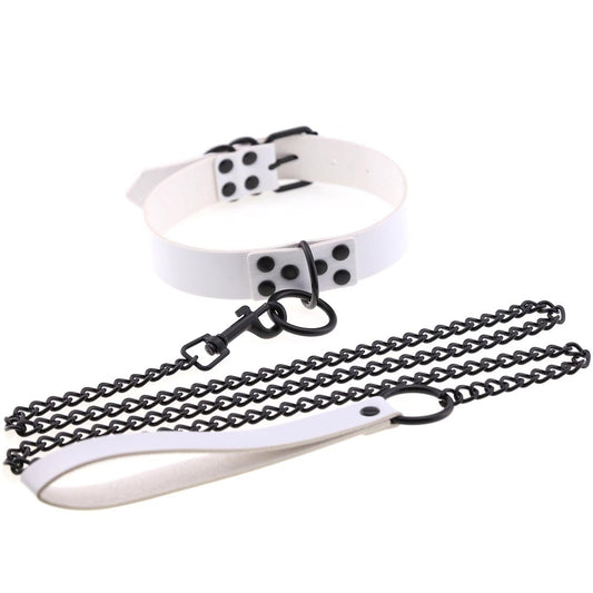 Adjustable BDSM Collar with Leash – Rivet Choker and Steel Chain Set for Couples Roleplay and Bondage Play